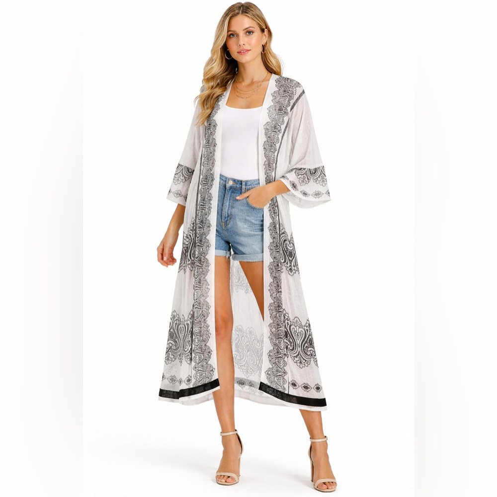 Chico’s Women’s Classic Open Front Knit Mesh Long Boho Kimono Cardigan Size 1